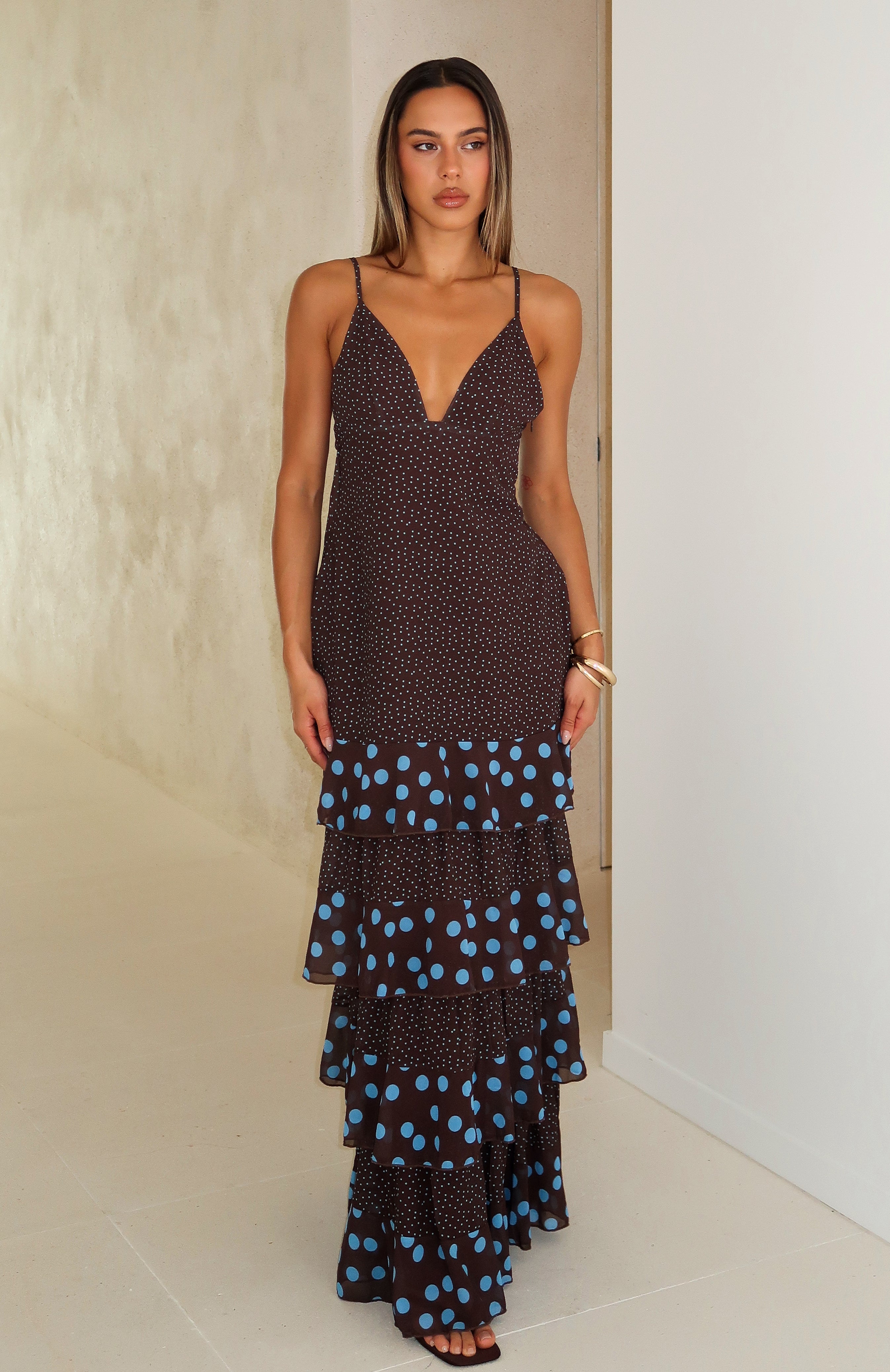 White Fox Princess Maxi Dress Chocolate/Blue Polka Dot