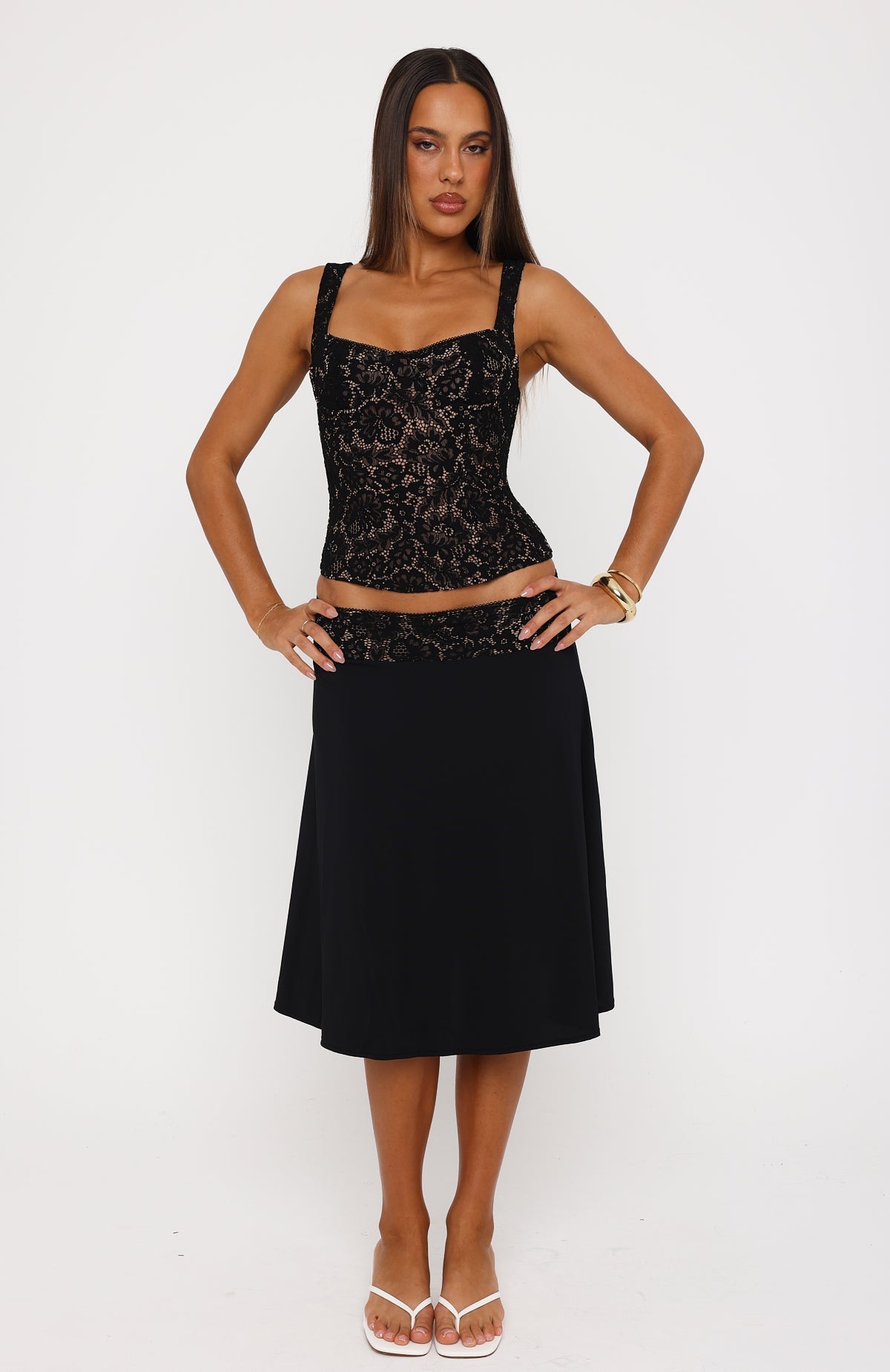 White Fox Promise Kept Lace Midi Skirt Black