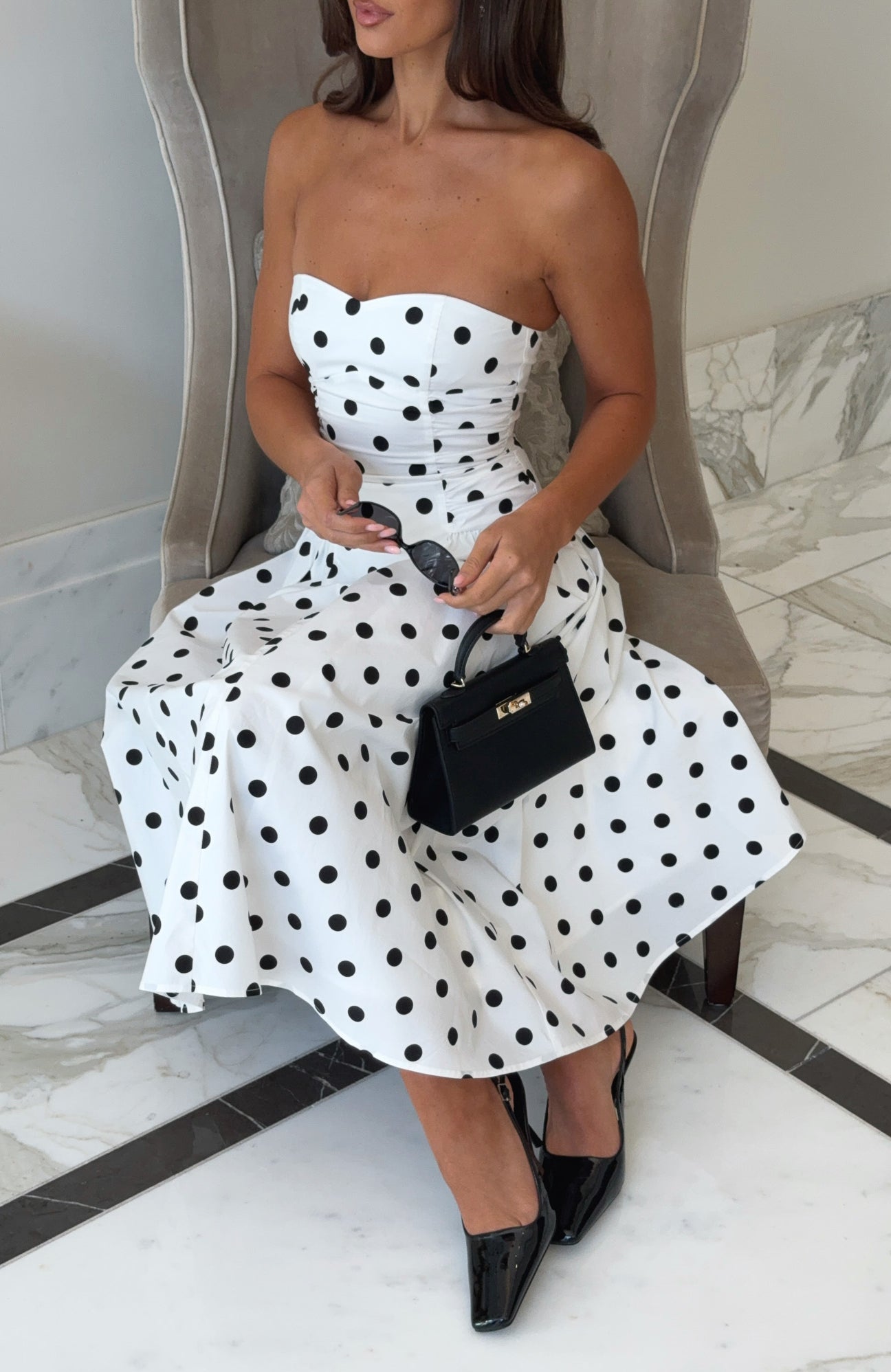 White Fox Rich In Love Strapless Midi Dress White/Black Polka Dot