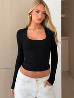 White Fox Serenade Her Ribbed Long Sleeve Top Black