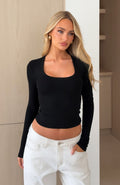 White Fox Serenade Her Ribbed Long Sleeve Top Black
