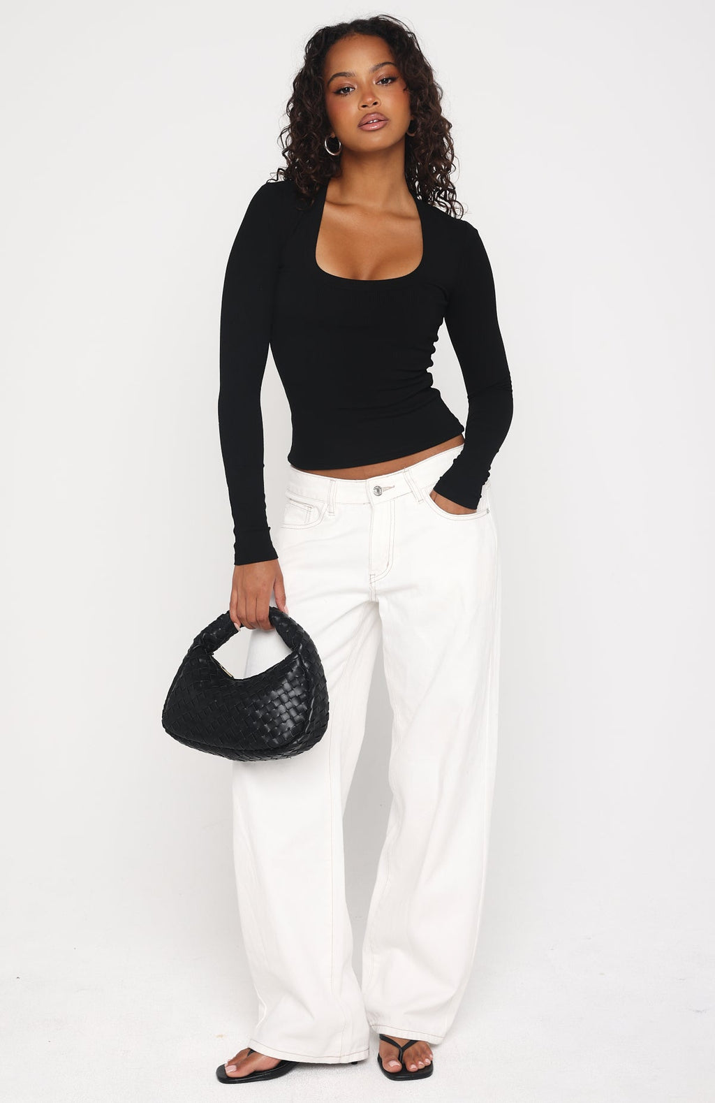 White Fox Serenade Her Ribbed Long Sleeve Top Black