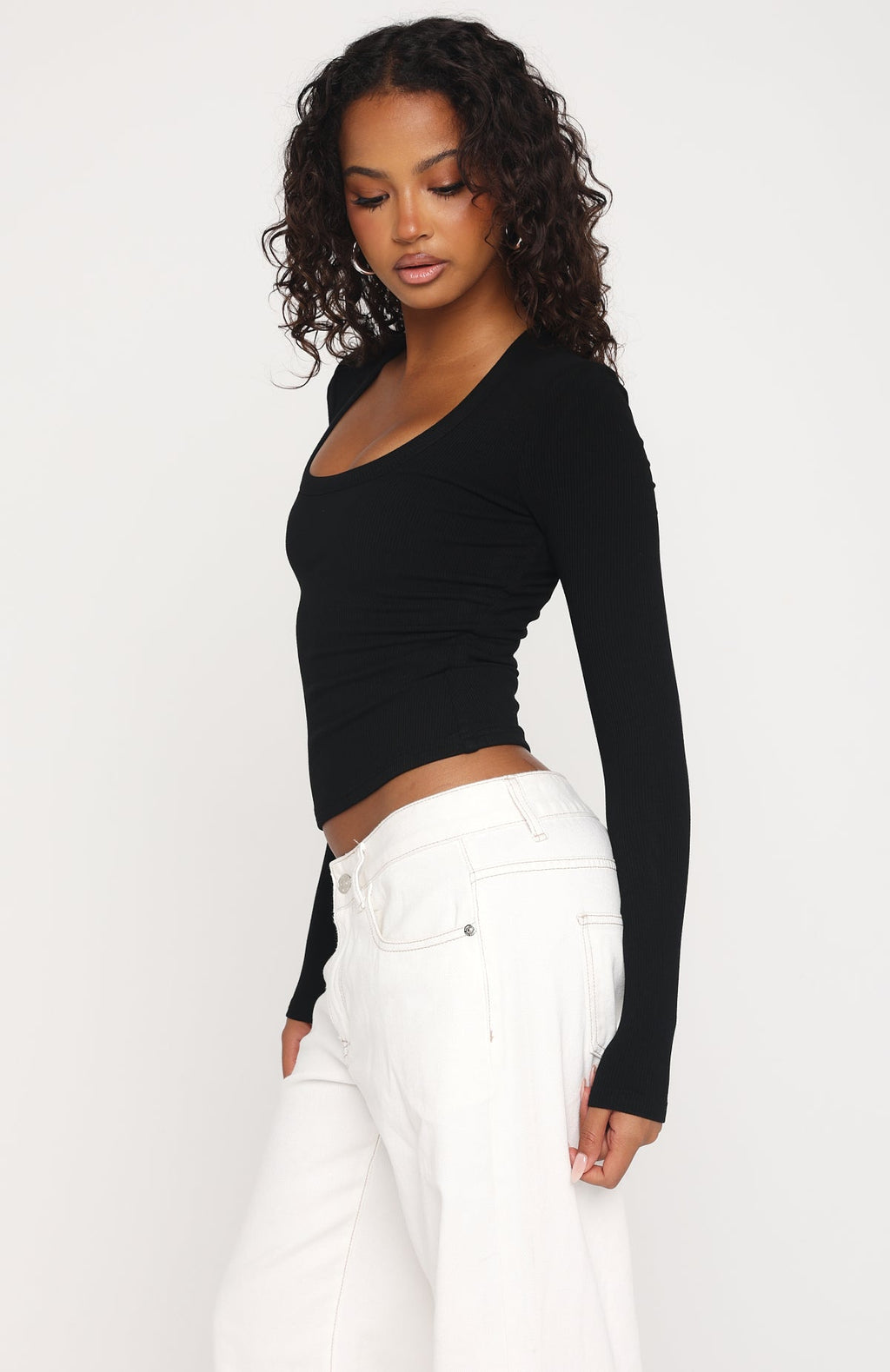 White Fox Serenade Her Ribbed Long Sleeve Top Black