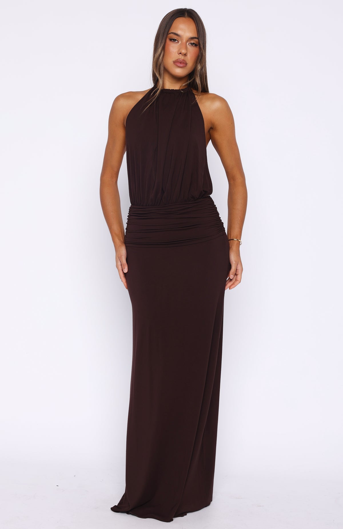White Fox She's Got That Look Halter Neck Maxi Dress Dark Chocolate