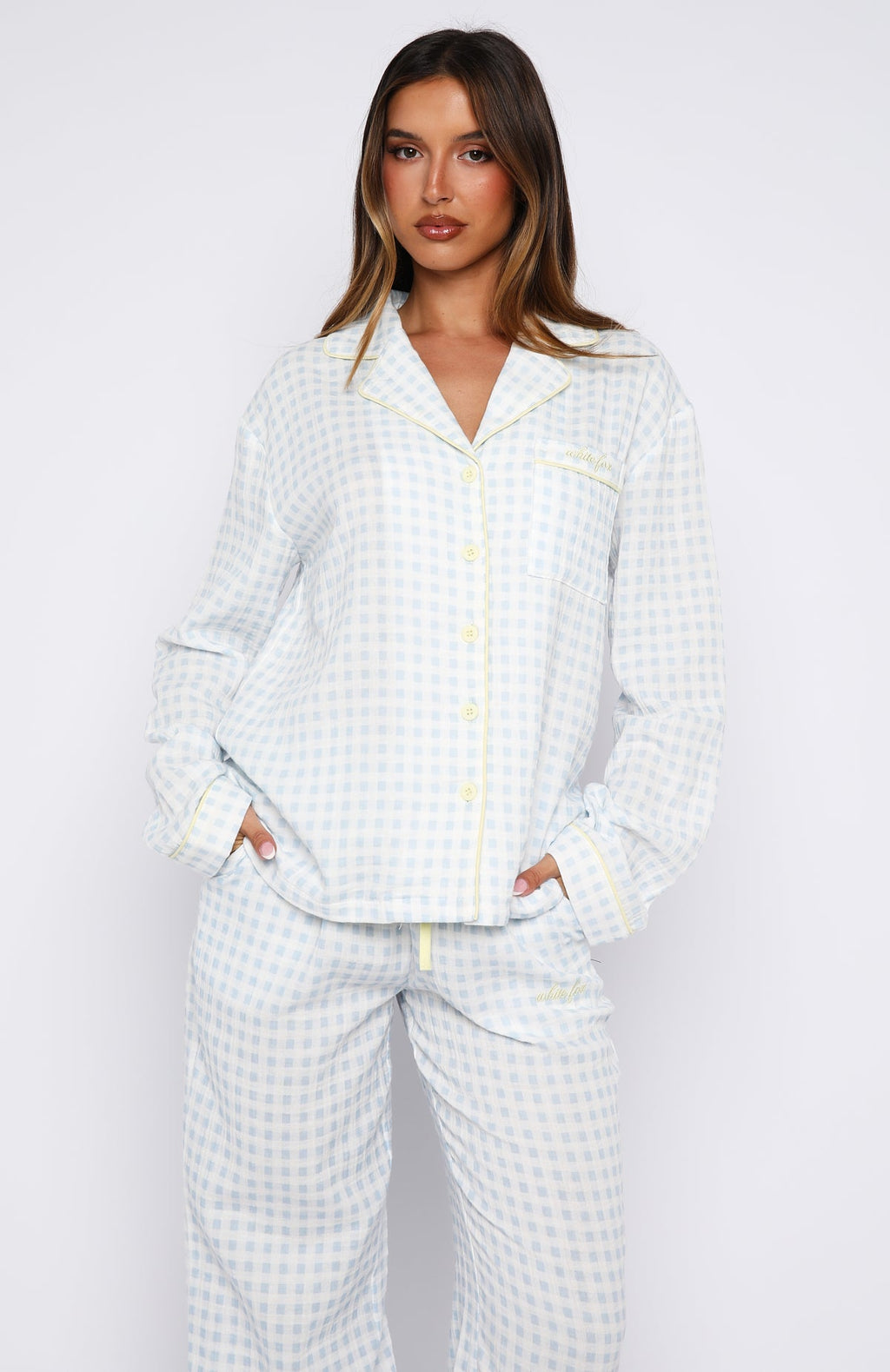 White Fox She's Got This Long Sleeve Pyjama Top Sky Blue Gingham