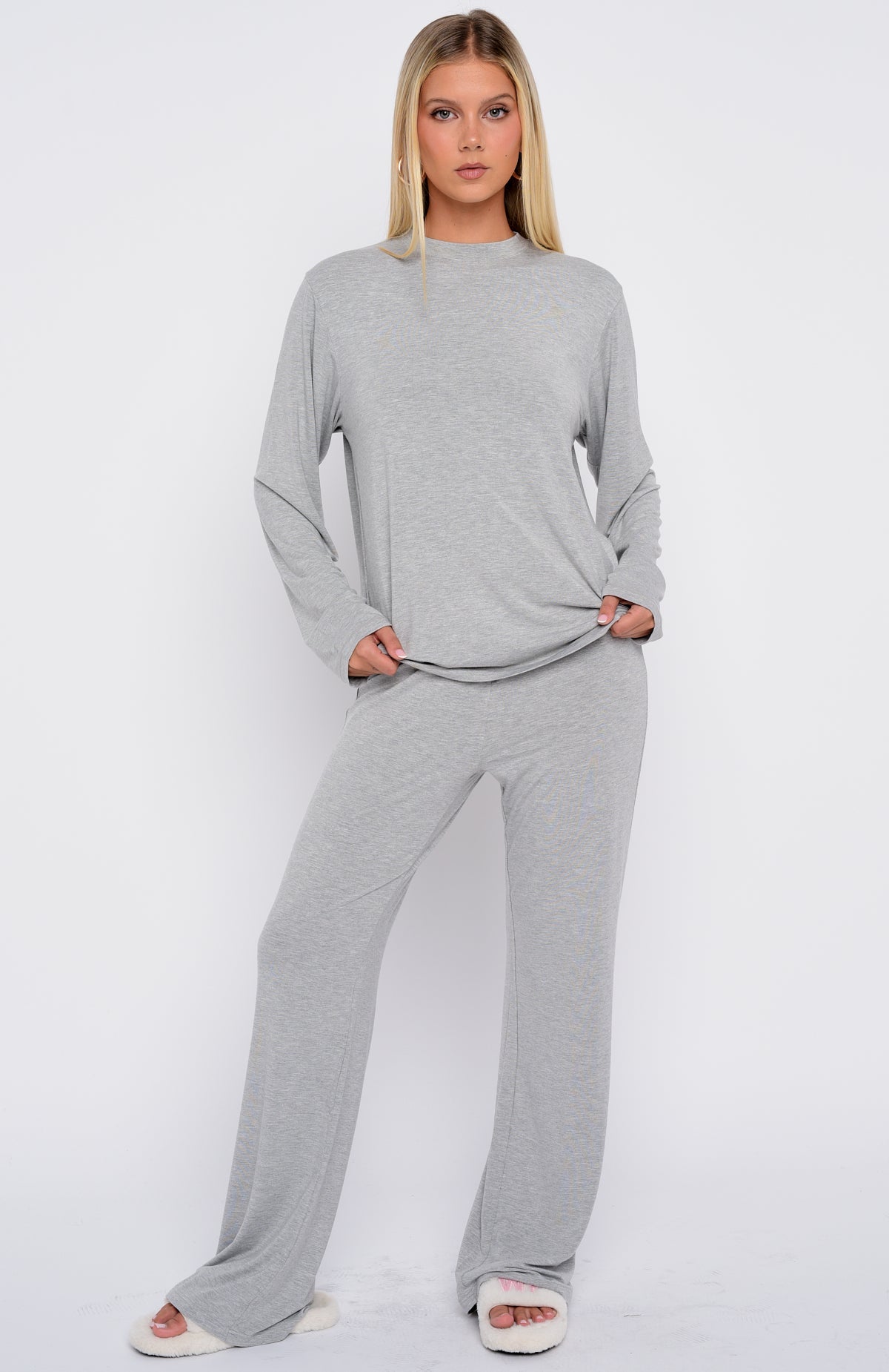 White Fox Slow Life Long Sleeve Pyjama Top Grey Marle