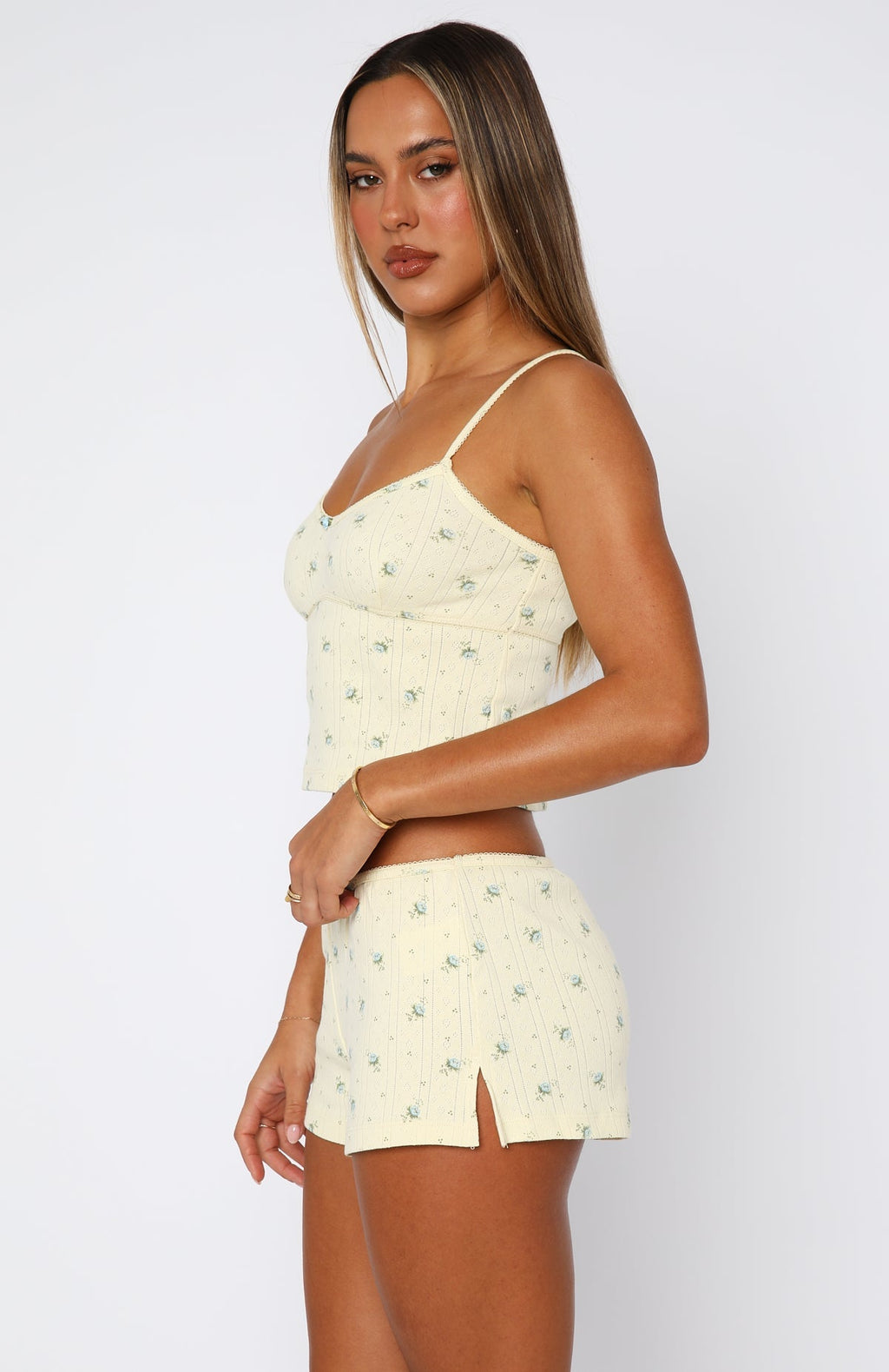 White Fox Snuggle Season Pyjama Top Lemon Floral