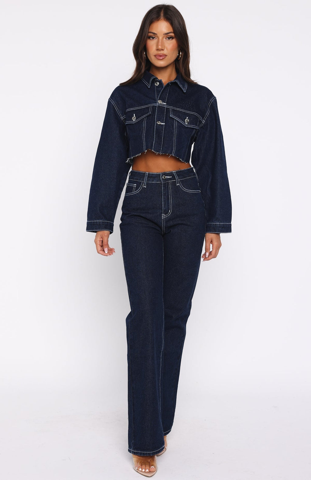 White Fox Something To Prove Cropped Denim Jacket Dark Indigo