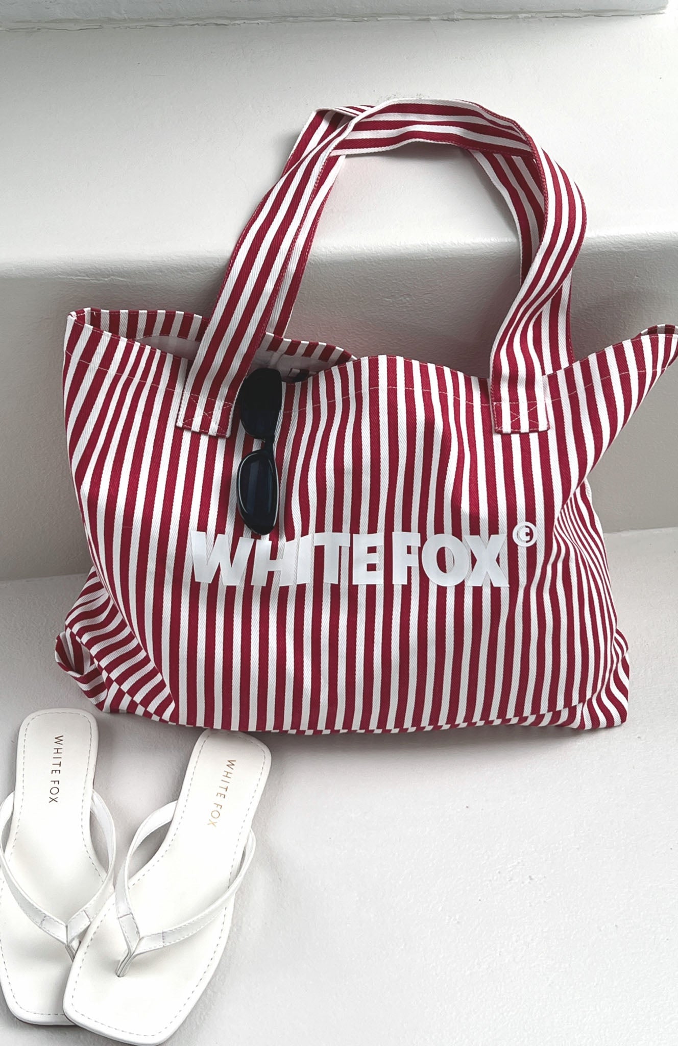 White Fox Straight Lines Tote Bag Red Stripe