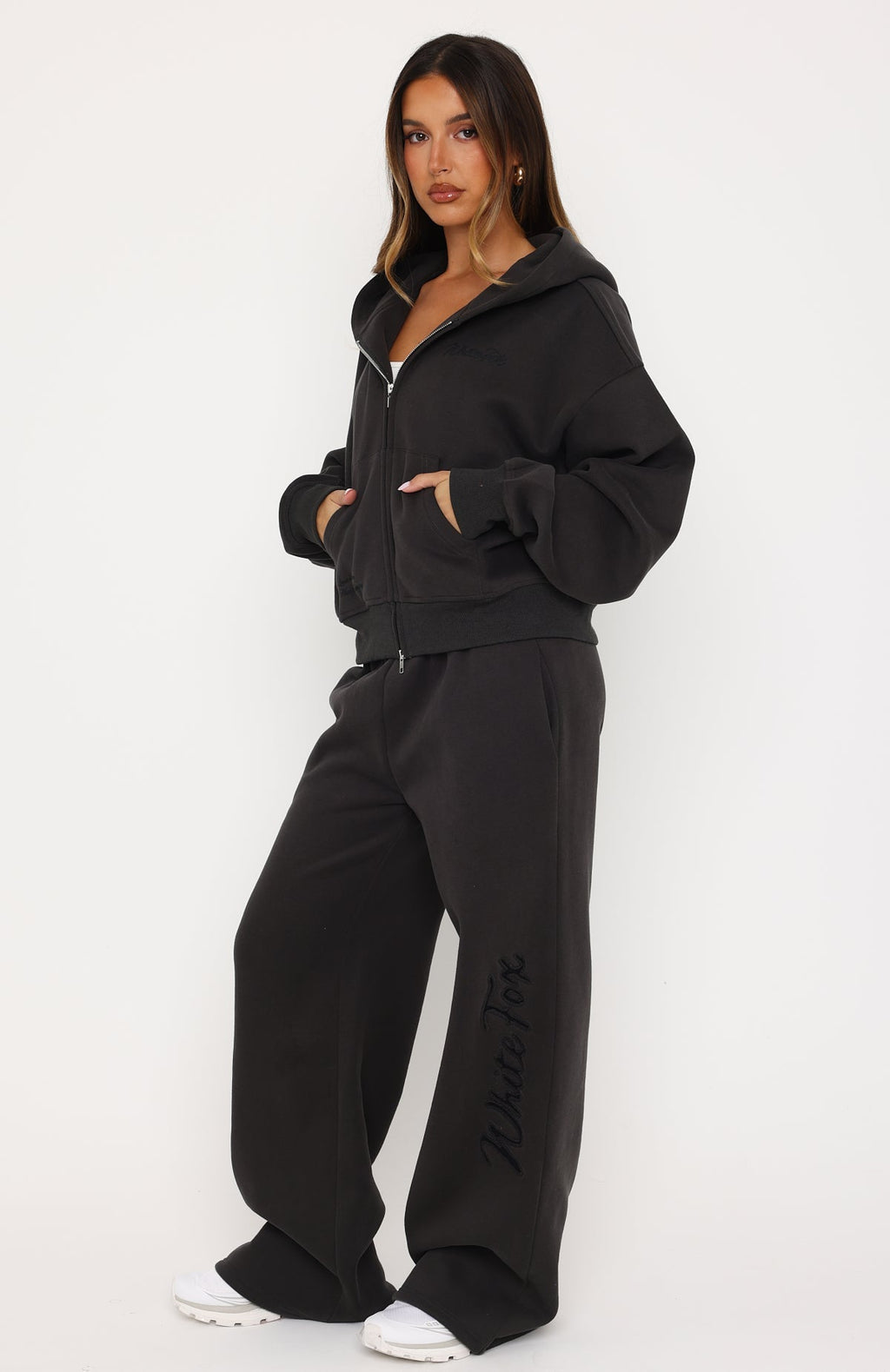 White Fox Studio 17 Willa Boxy Zip Front Hoodie Charcoal