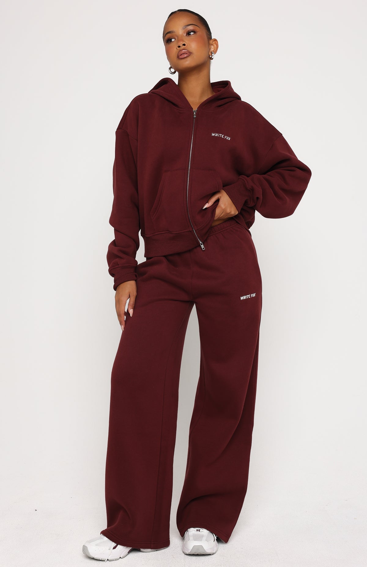 White Fox Test Drive Boxy Zip Front Hoodie Dark Cherry