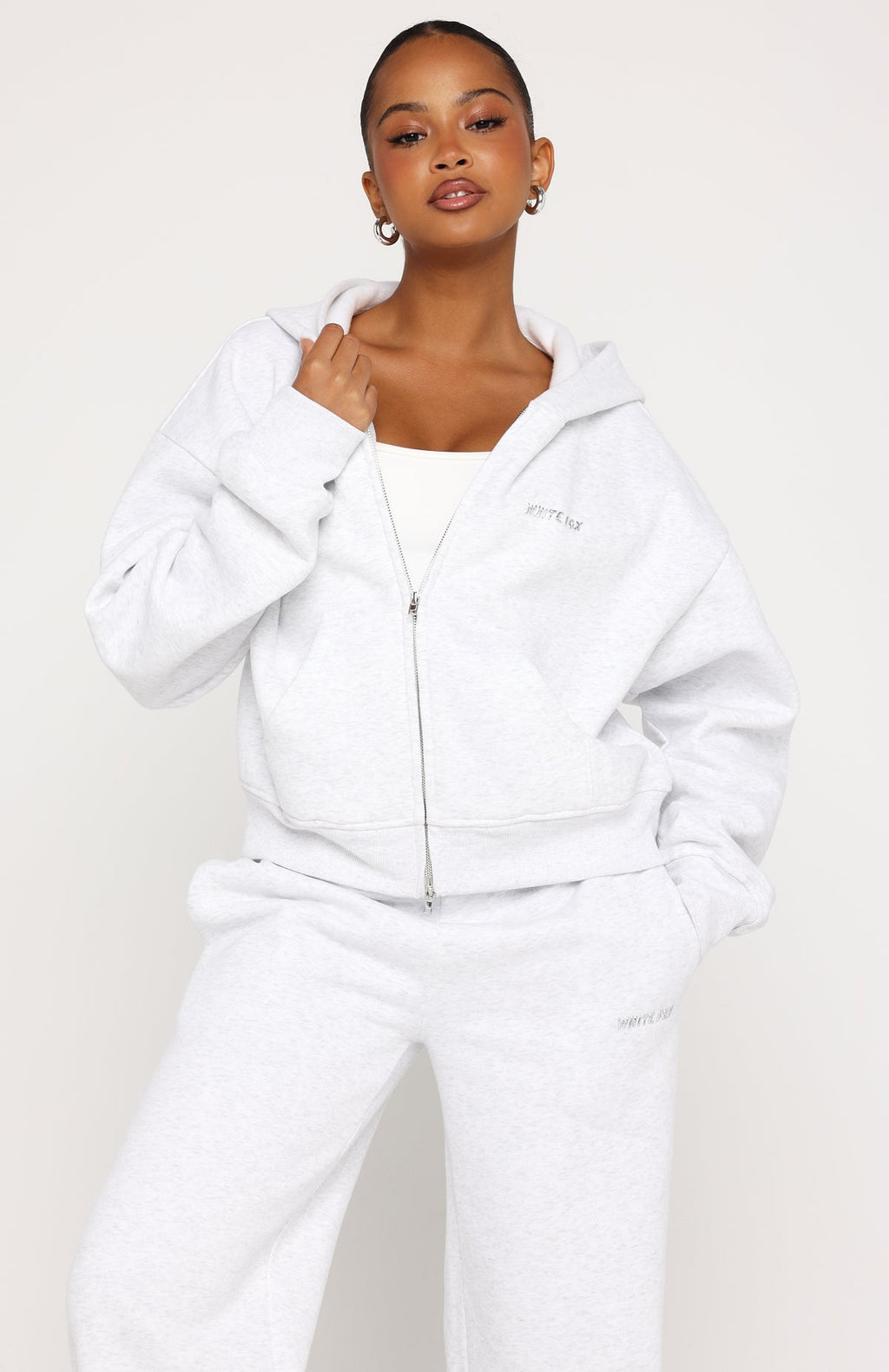 White Fox Test Drive Boxy Zip Front Hoodie Grey Marle