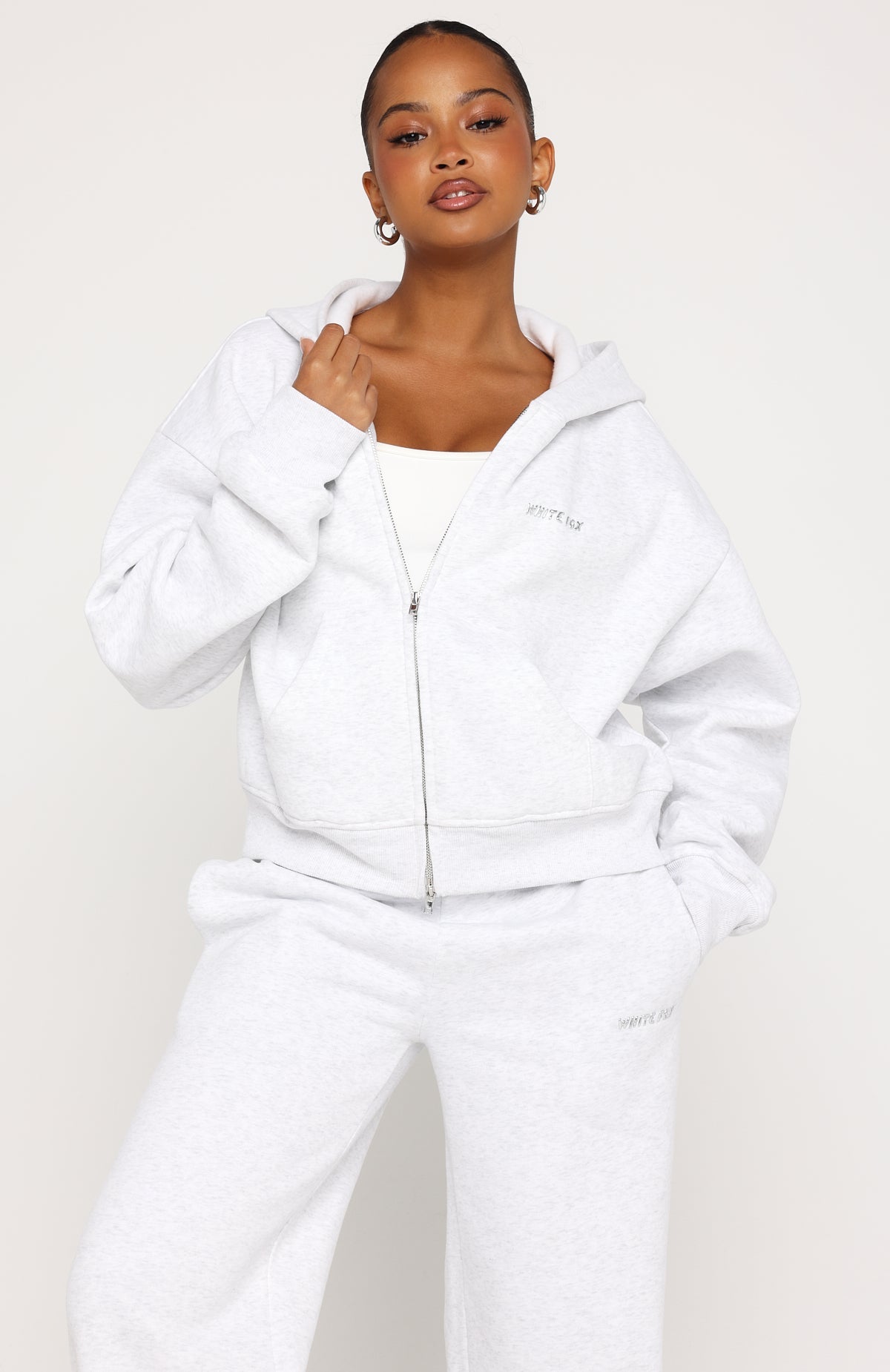 White Fox Test Drive Boxy Zip Front Hoodie Grey Marle