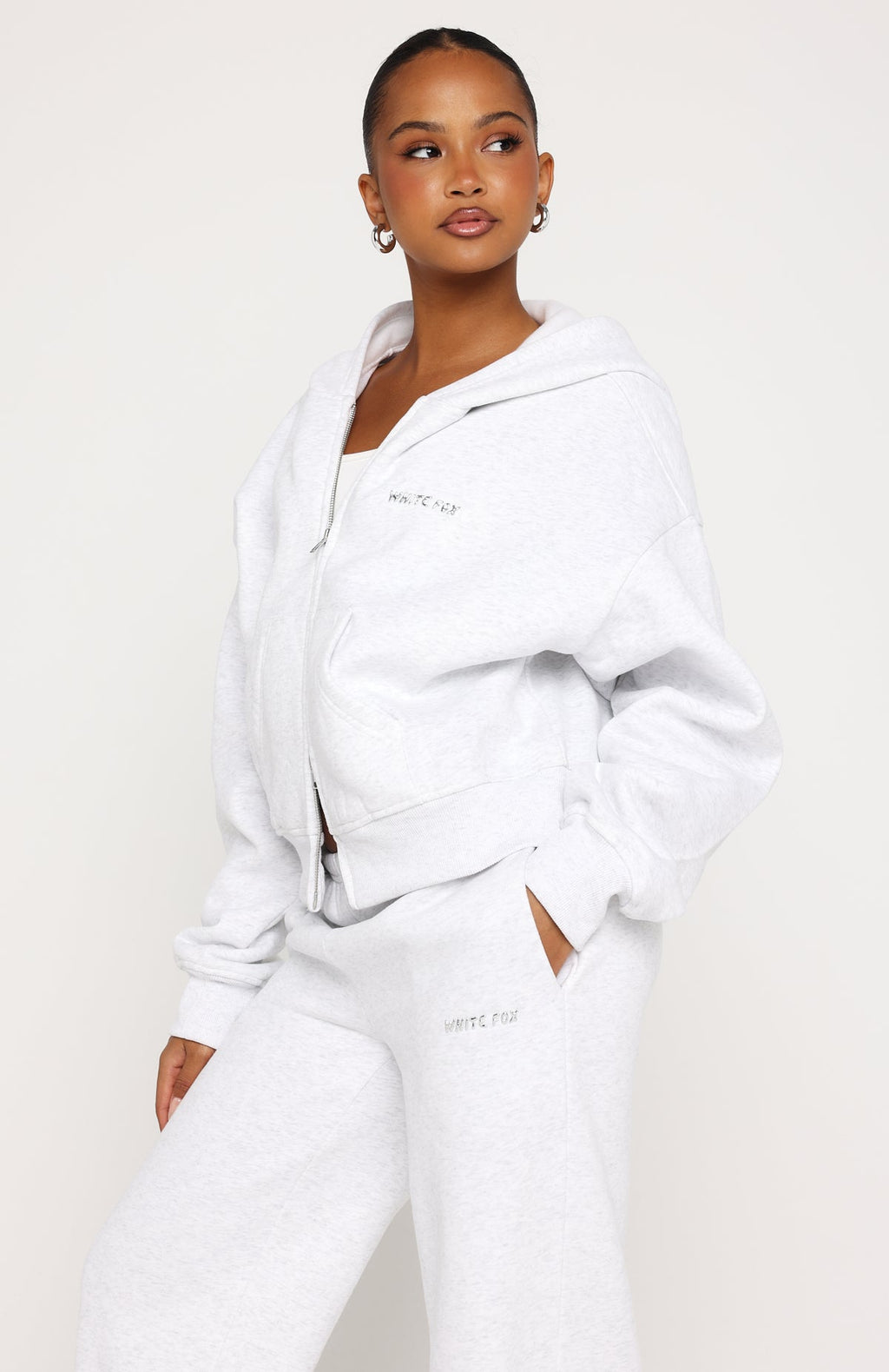 White Fox Test Drive Boxy Zip Front Hoodie Grey Marle