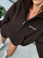 White Fox Test Drive Boxy Zip Front Hoodie Chocolate