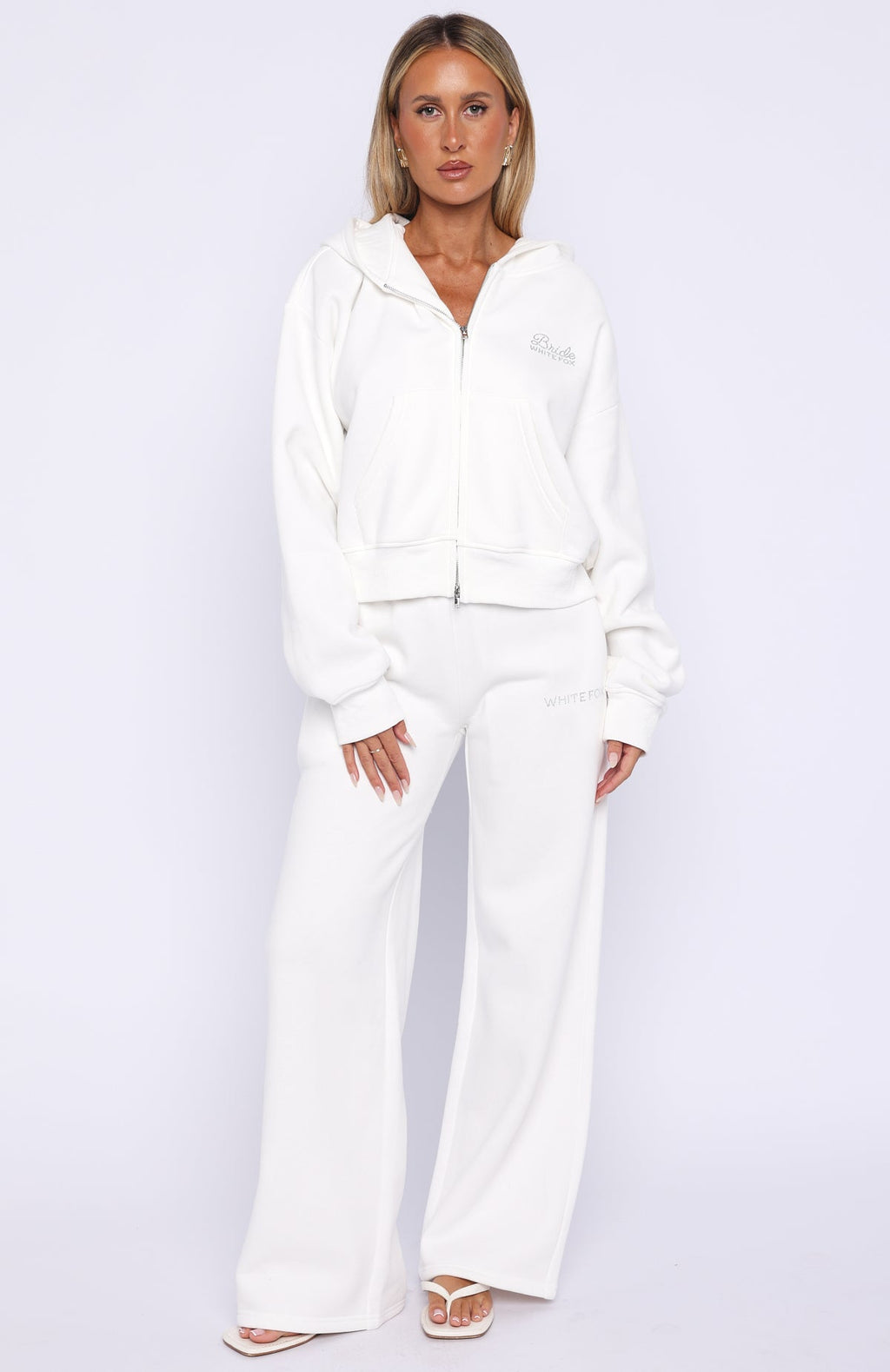 White Fox The Bride Boxy Zip Front Hoodie White