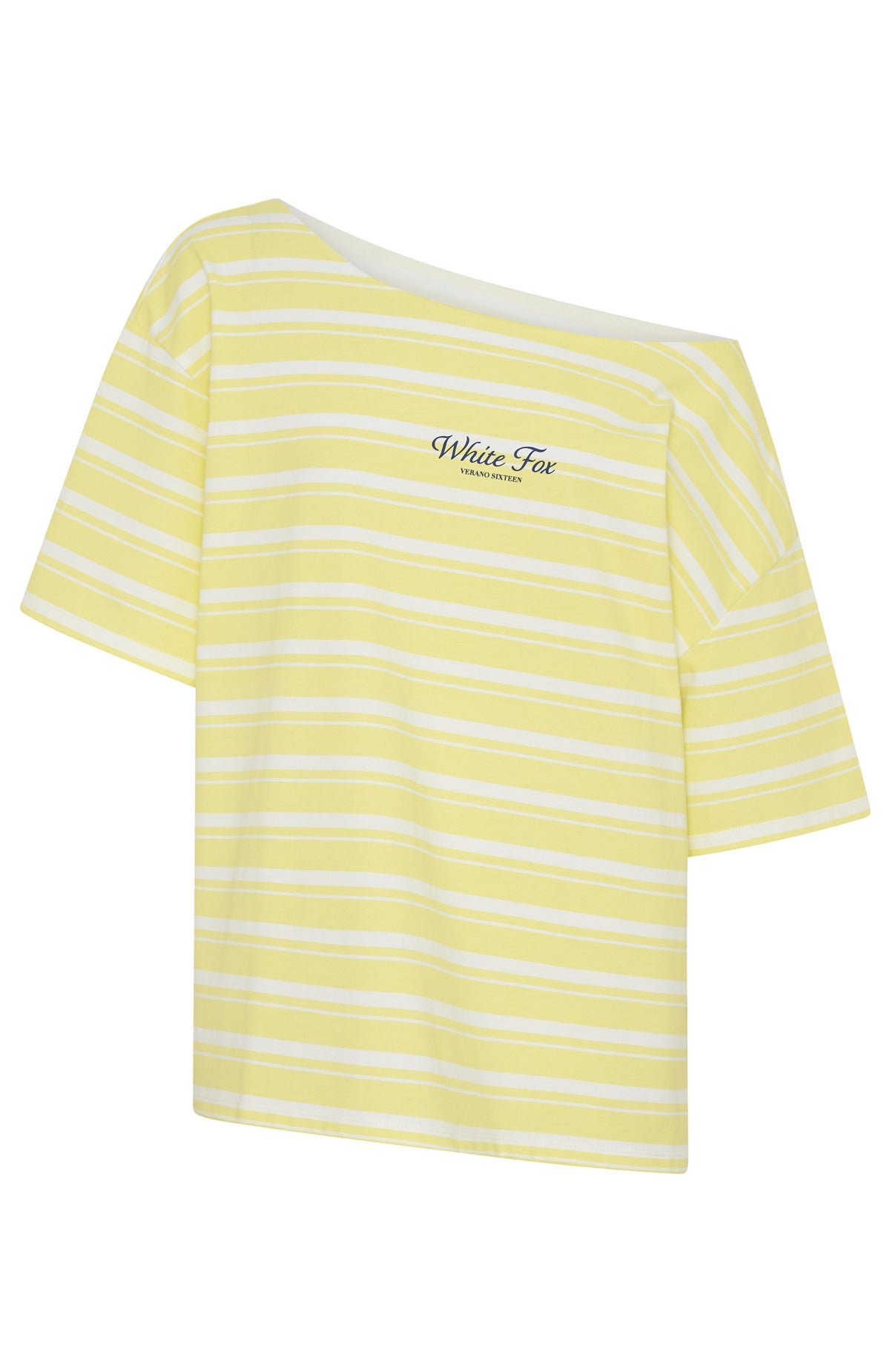 White Fox Verano Sixteen Magnolia Off Shoulder Oversized Tee Lemon/White Stripe
