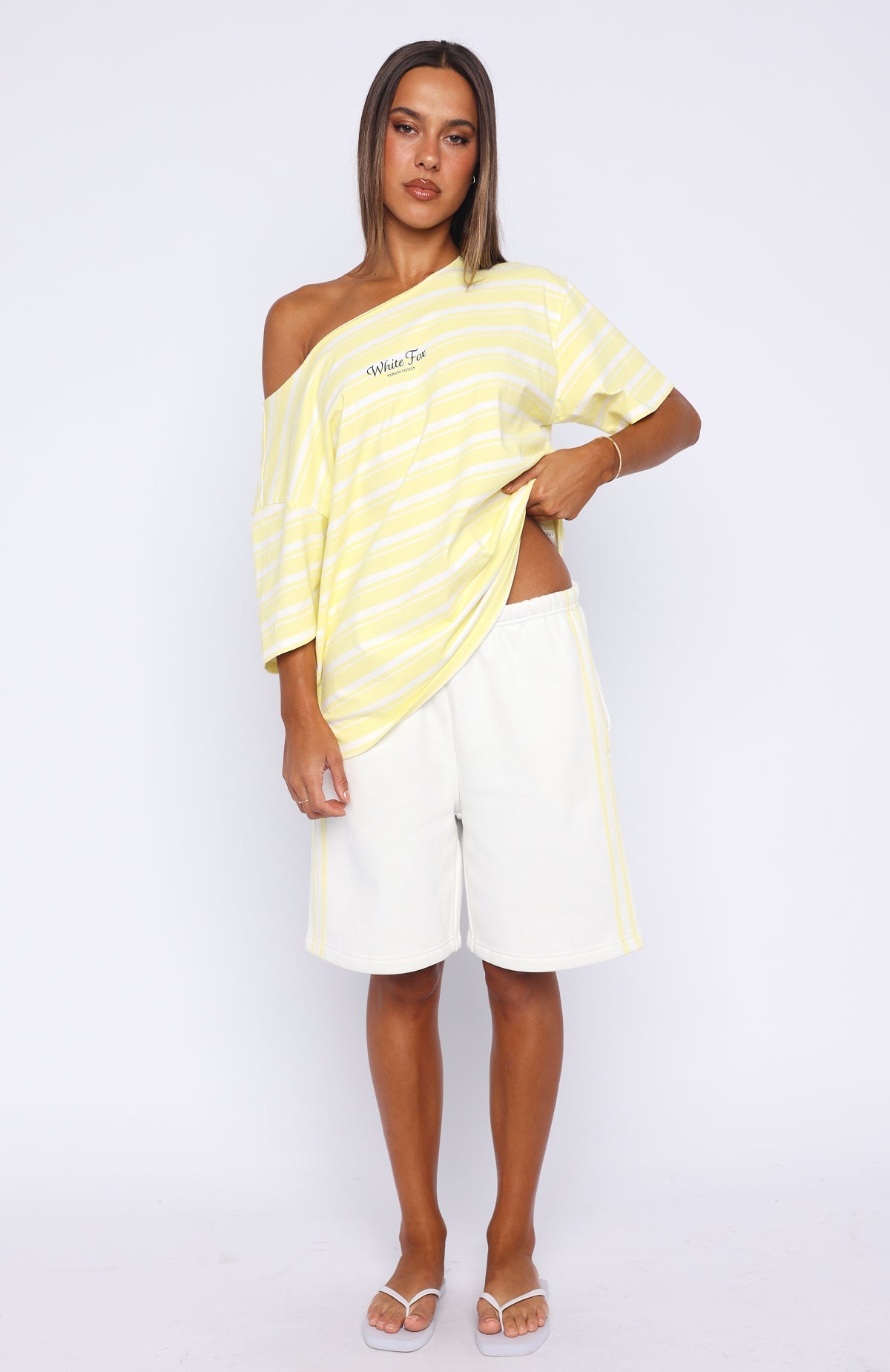 White Fox Verano Sixteen Magnolia Off Shoulder Oversized Tee Lemon/White Stripe