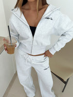 White Fox Wishing For It Cropped Cinched Zip Front Hoodie Grey Marle