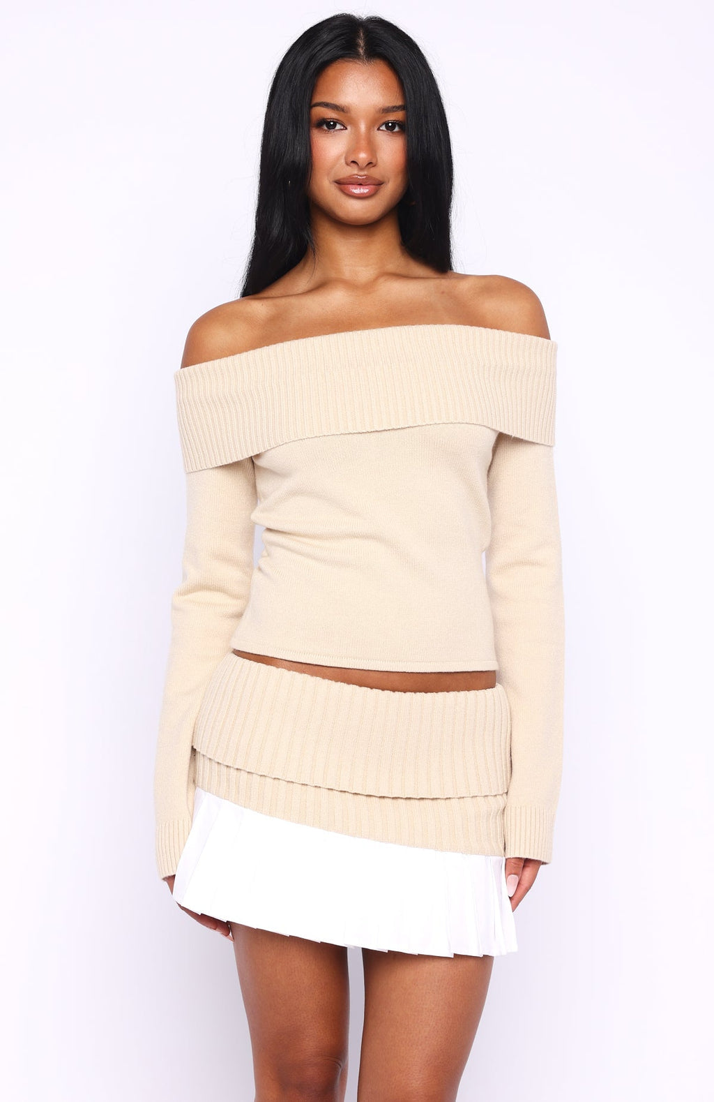 White Fox Casually Perfect Long Sleeve Knit Top Beige