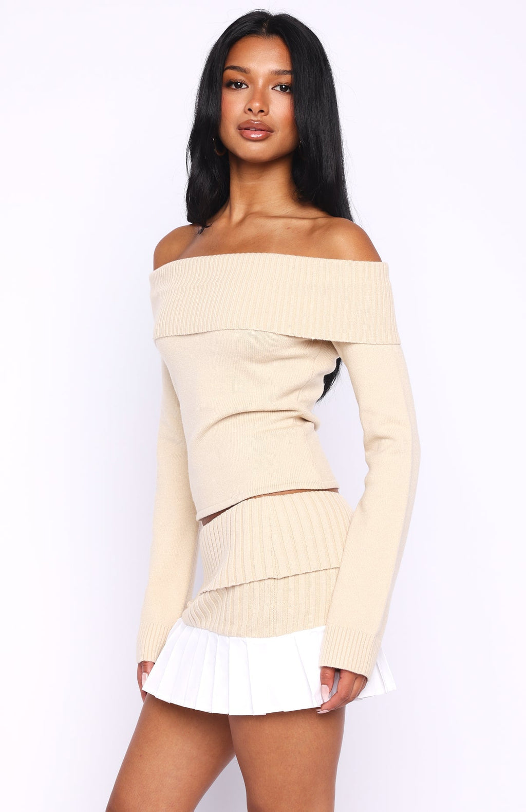 White Fox Casually Perfect Long Sleeve Knit Top Beige