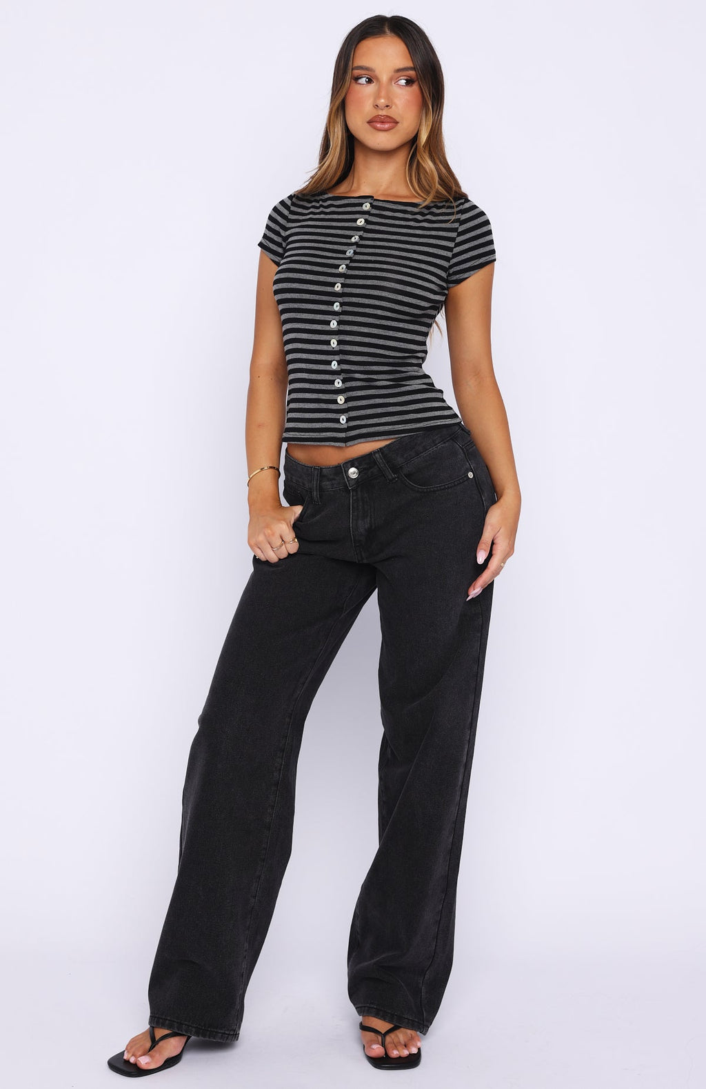 White Fox You Were Right Striped Button Up Top Dark Grey/Black Stripe