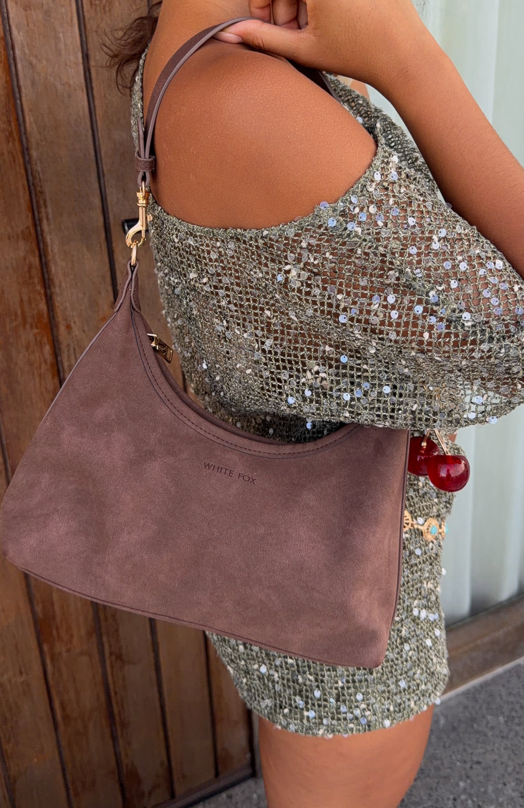 White Fox Jane Shoulder Bag Chocolate Faux Suede