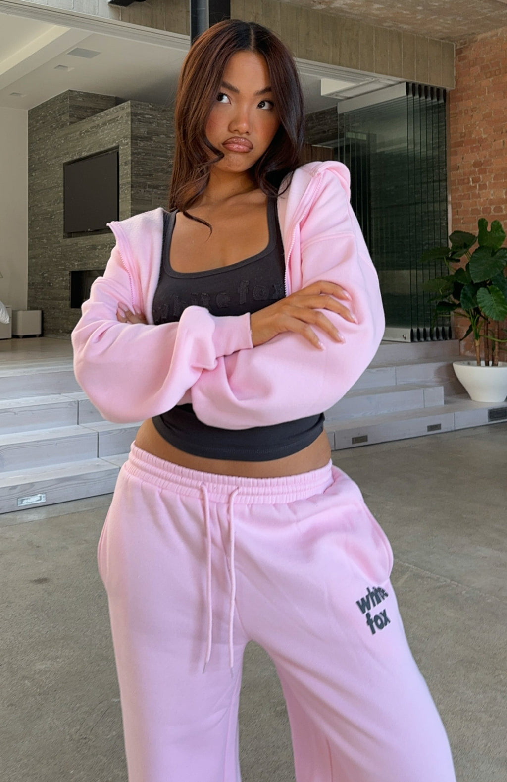 White Fox From The Archives Charli Cropped Zip Front Hoodie Pink