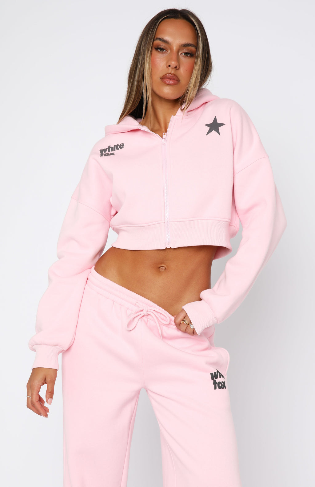 White Fox From The Archives Charli Cropped Zip Front Hoodie Pink