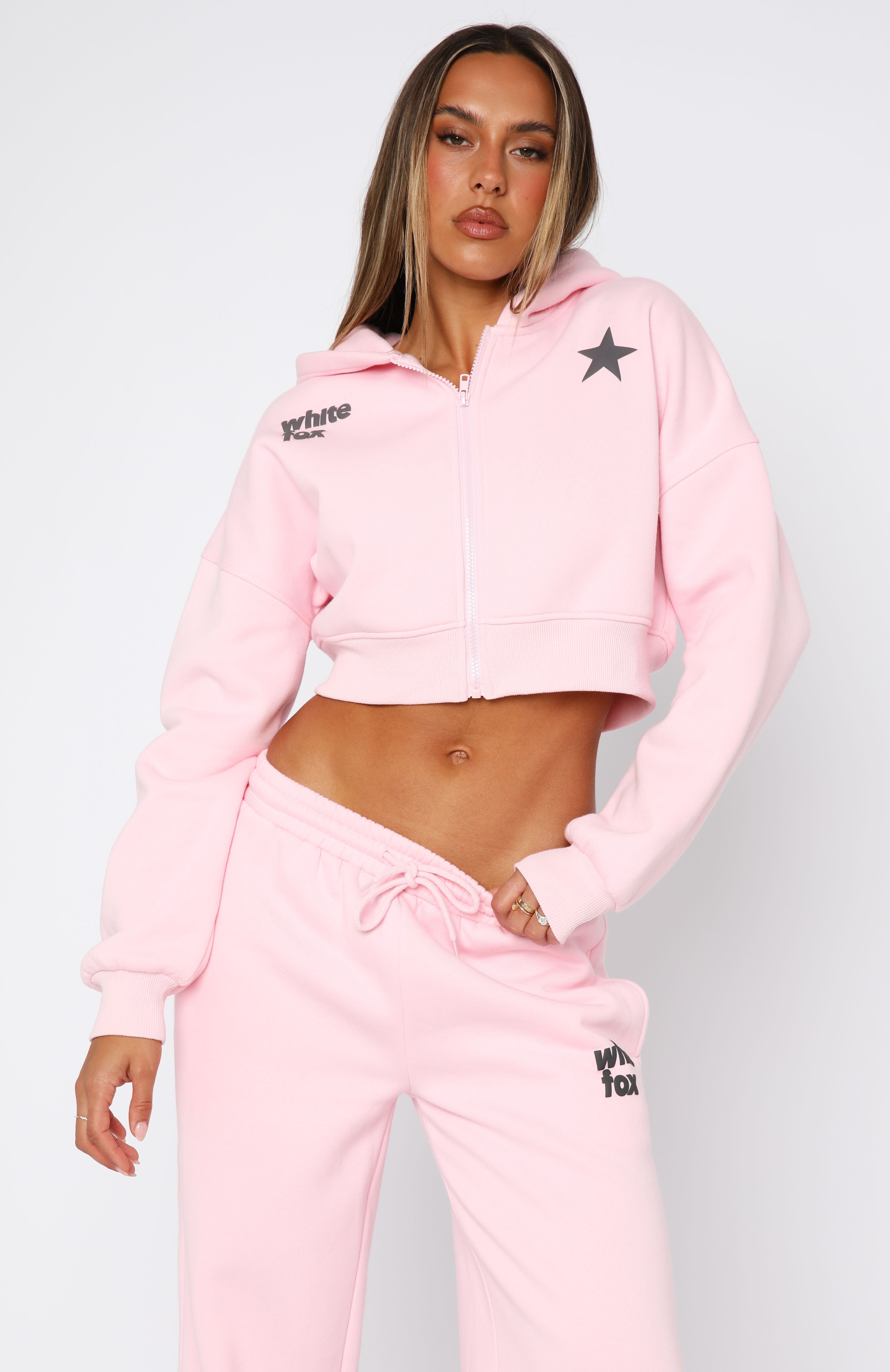 White Fox From The Archives Charli Cropped Zip Front Hoodie Pink