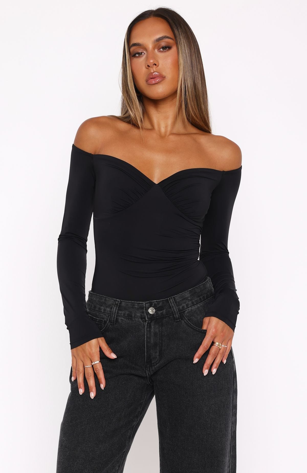 White Fox Your Muse Long Sleeve Bodysuit Black