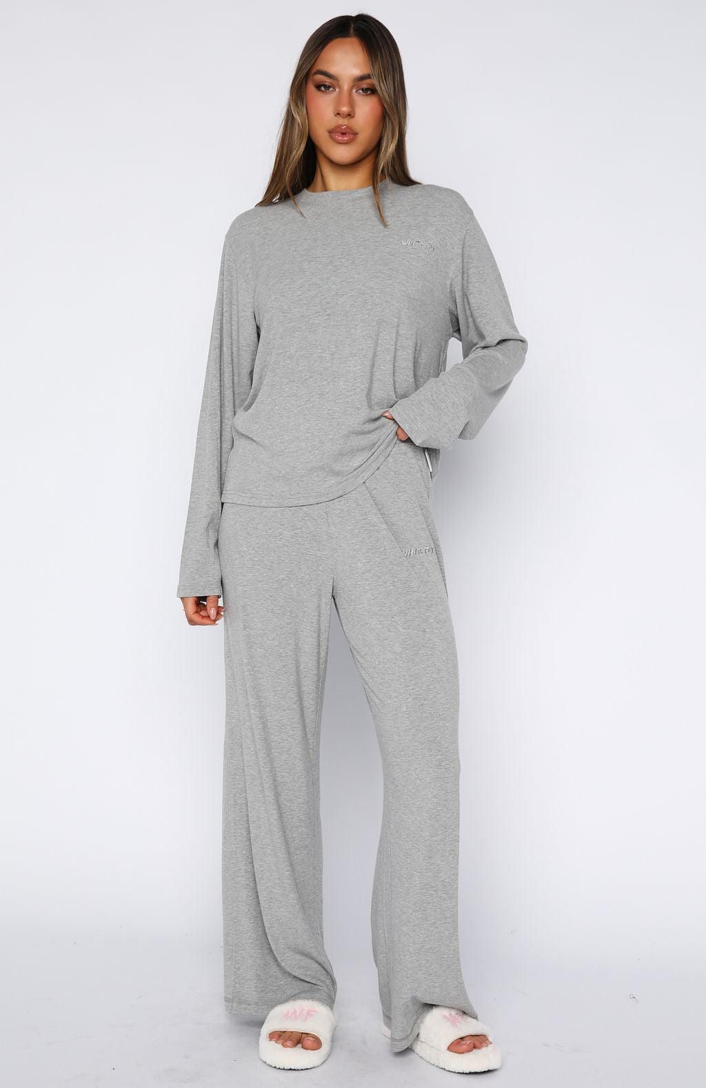 White Fox Come A Long Way Soft Lounge Ribbed Wide Leg Pants Grey Marle